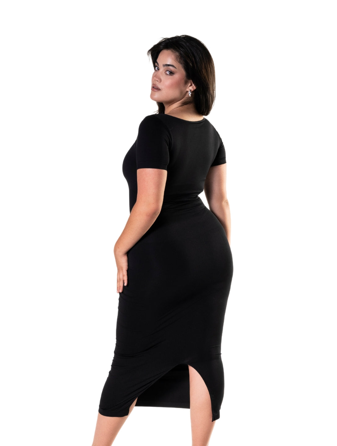 Bodycon Şekillendirici Midi Boy Yırtmaçlı Kısa Kollu Elbise