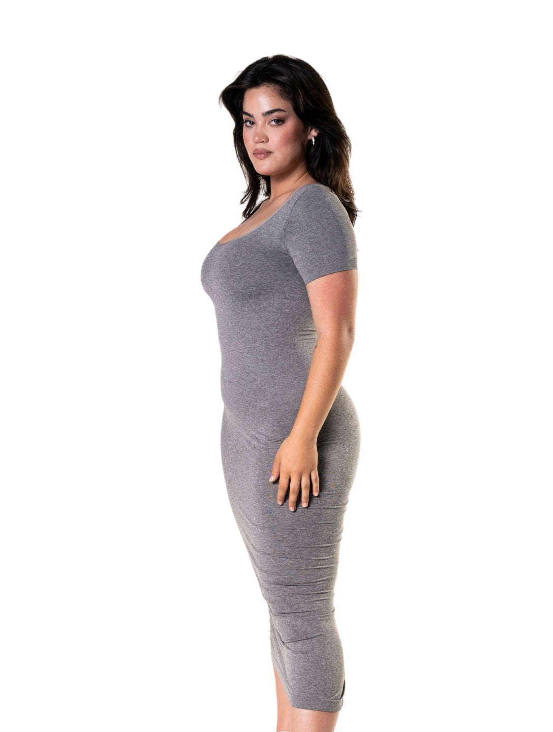 Bodycon Şekillendirici Midi Boy Yırtmaçlı Kısa Kollu Elbise