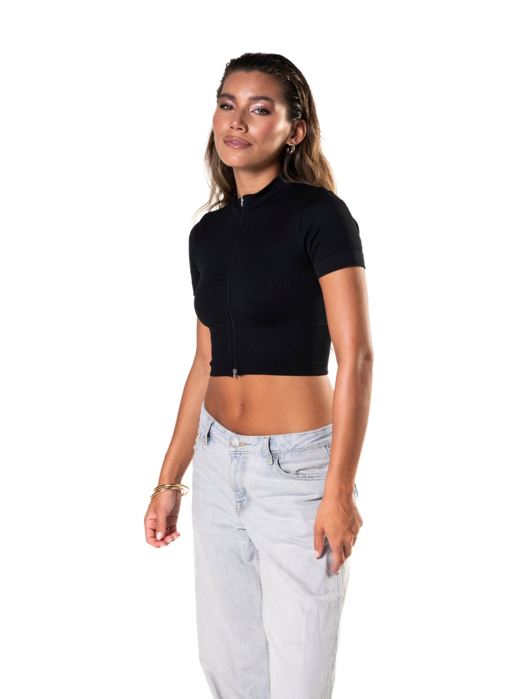 Dikişsiz Ribeli Önde Fermarlı Kısa Kollu Crop Top
