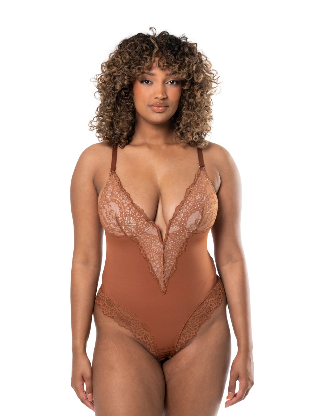 V Yaka Yarı Dantelli Bodysuit