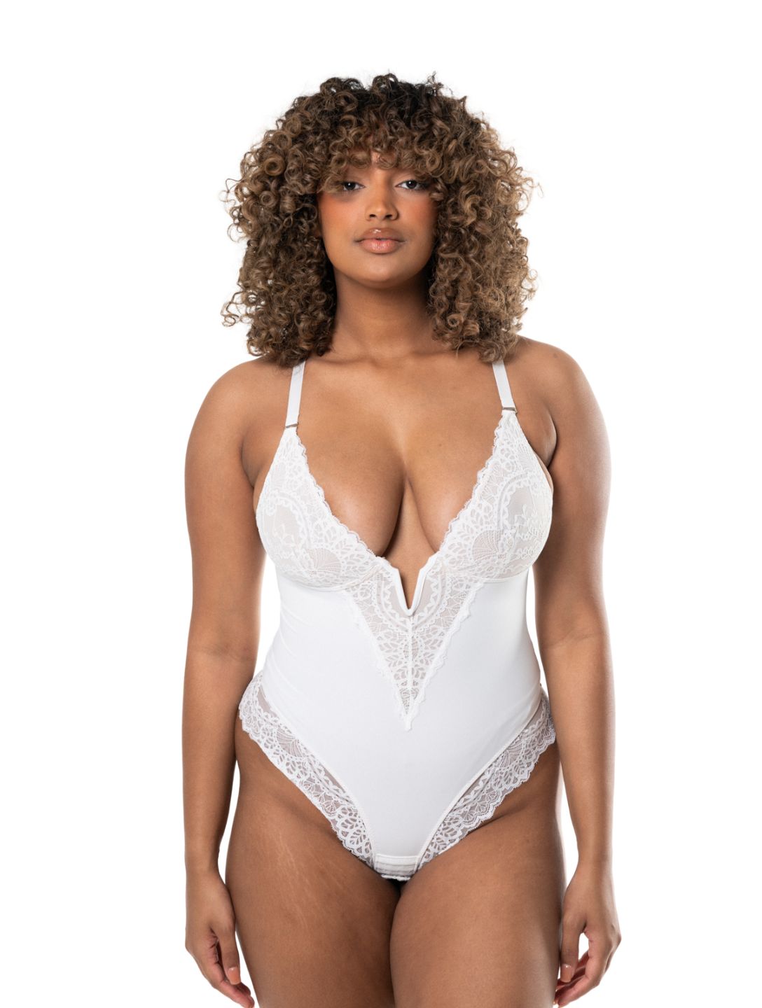 V Yaka Yarı Dantelli Bodysuit