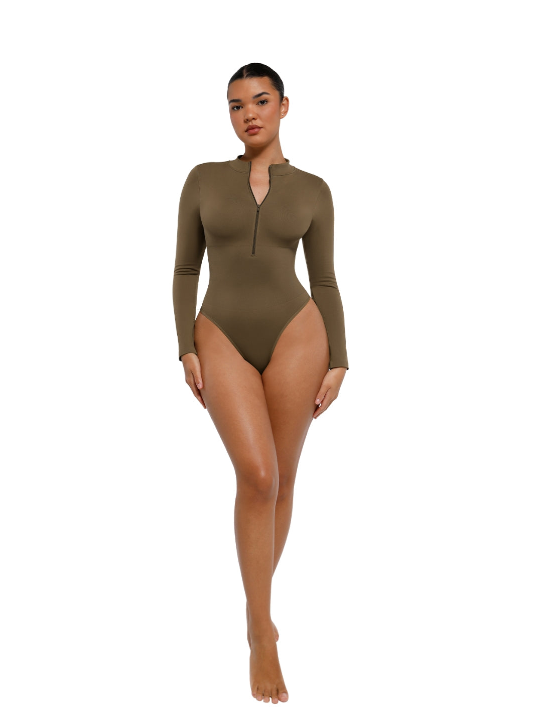 Derin V Yaka Fermuarlı Bodysuit