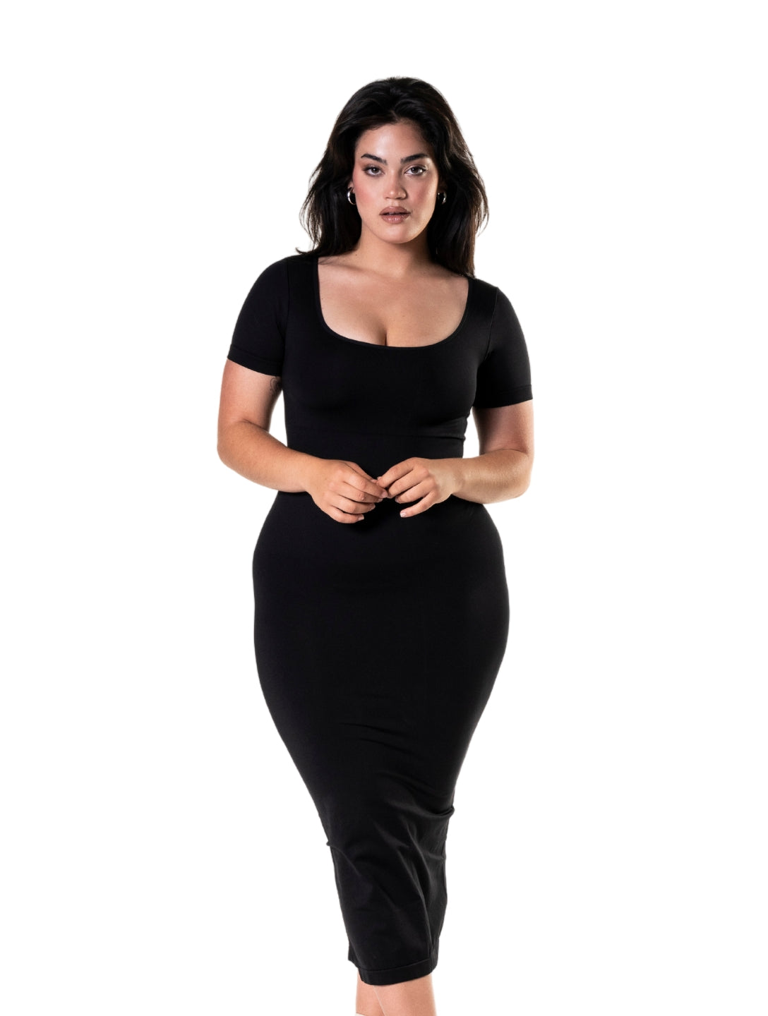 Bodycon Şekillendirici Midi Boy Yırtmaçlı Kısa Kollu Elbise