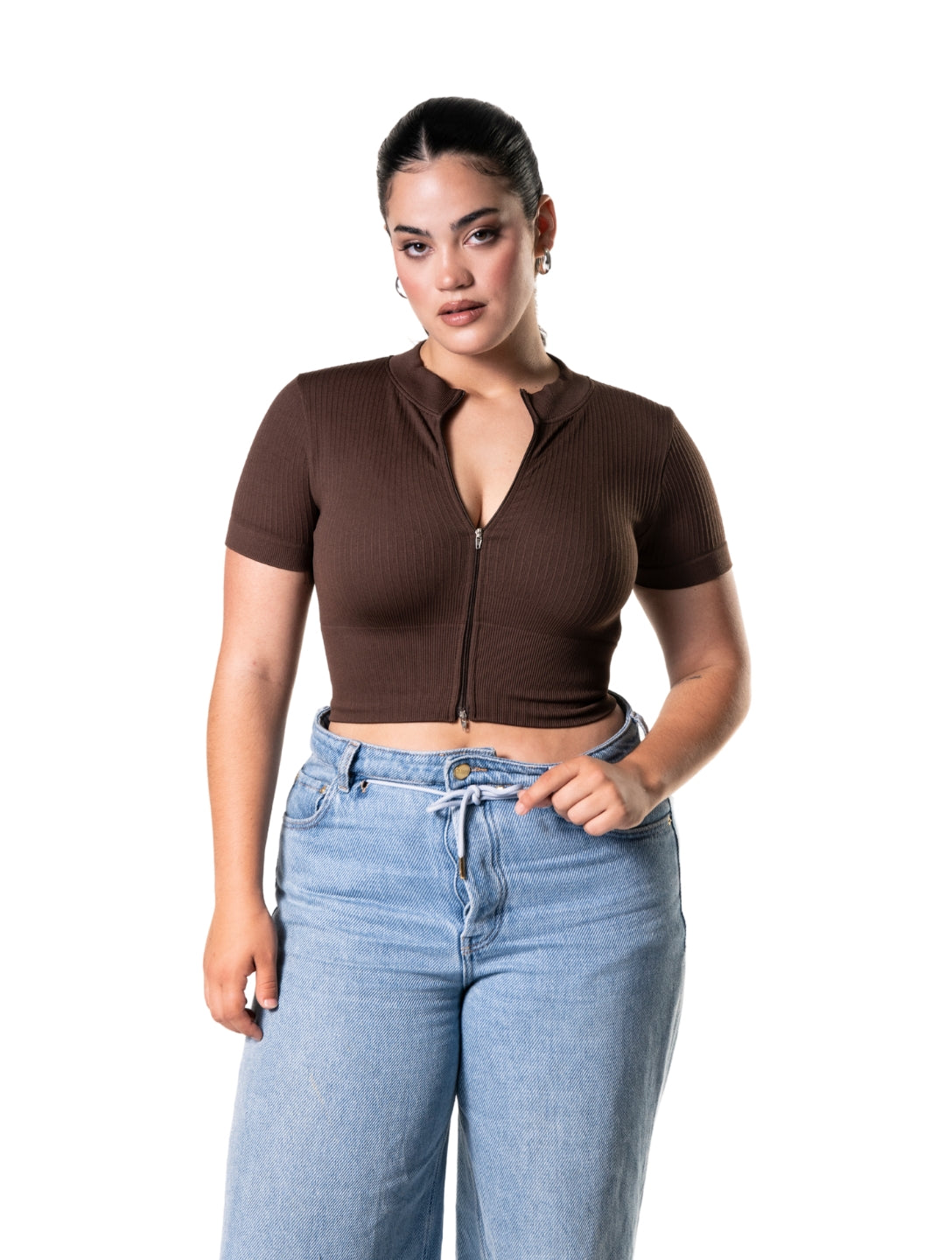 Dikişsiz Ribeli Önde Fermarlı Kısa Kollu Crop Top