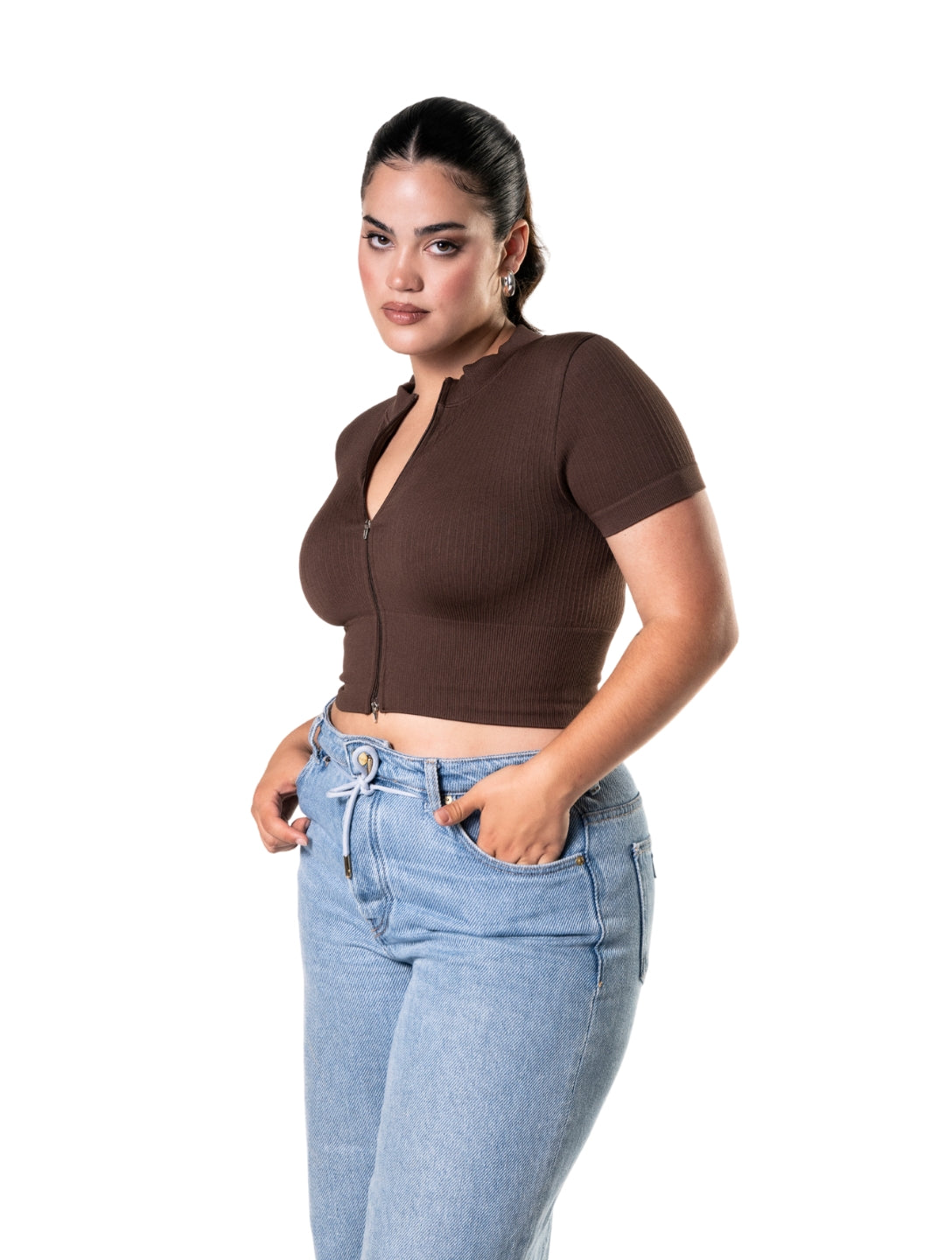 Dikişsiz Ribeli Önde Fermarlı Kısa Kollu Crop Top