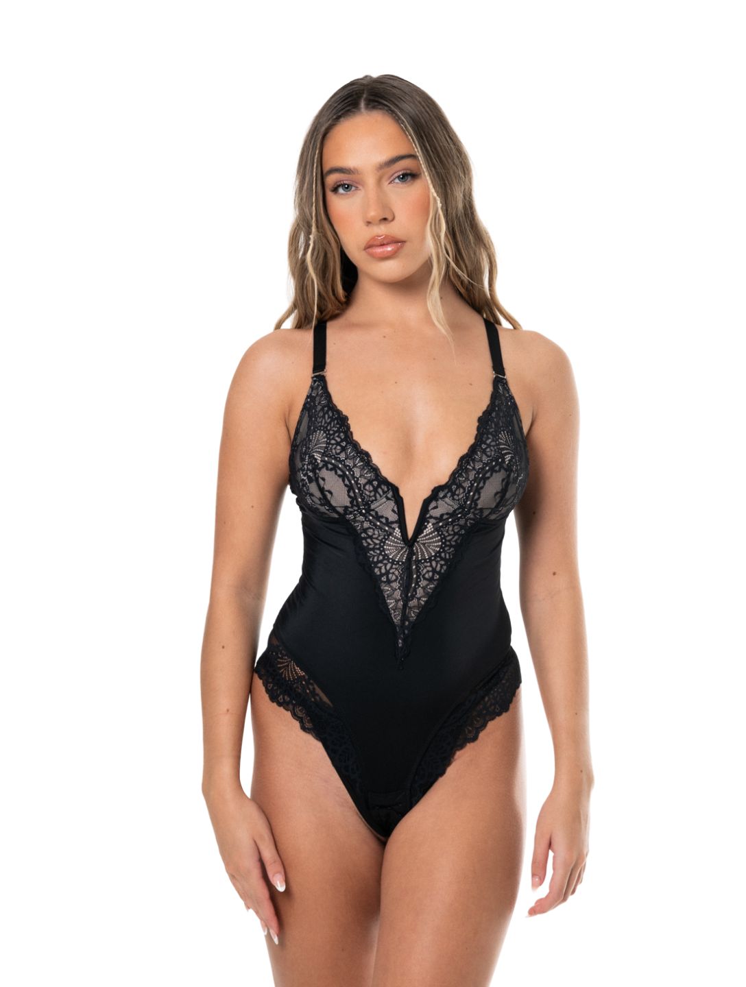 V Yaka Yarı Dantelli Bodysuit